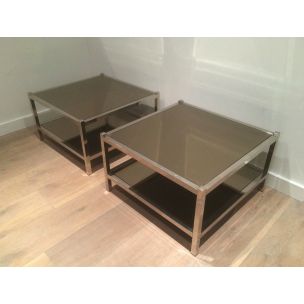 2 vintage chrome side tables with bronze mirrors,1970