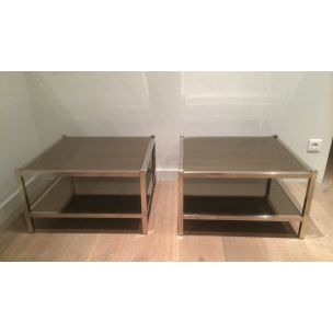 2 tables d'appoint vintage en chrome et miroirs bronze,1970