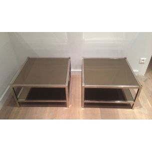 2 mesas auxiliares vintage en cromo y espejos de bronce, 1970