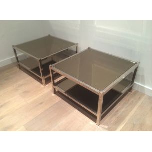 2 vintage chrome side tables with bronze mirrors,1970