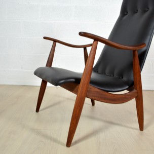 Scandinavian armchair in teak and black leatherette - 1960s