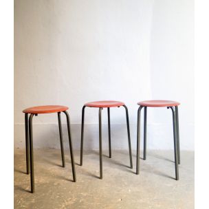 Set of 3 vintage stools in wood and metal 1950