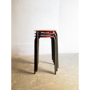 Set of 3 vintage stools in wood and metal 1950