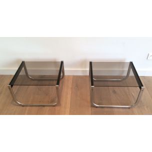 Pair of vintage side tables in chrome, blackened wood and glass, 1970