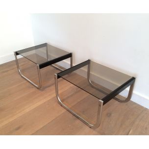 Pair of vintage side tables in chrome, blackened wood and glass, 1970
