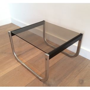 Pair of vintage side tables in chrome, blackened wood and glass, 1970