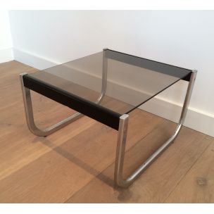 Pair of vintage side tables in chrome, blackened wood and glass, 1970