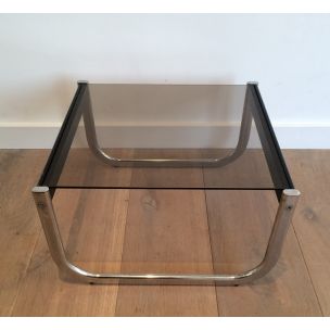 Pair of vintage side tables in chrome, blackened wood and glass, 1970