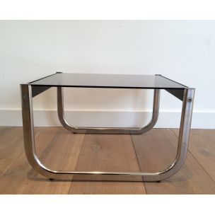 Par de mesas laterais vintage em cromado, madeira enegrecida e vidro, 1970