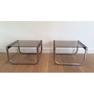 Pareja de mesas auxiliares vintage en cromo, madera ennegrecida y cristal, 1970