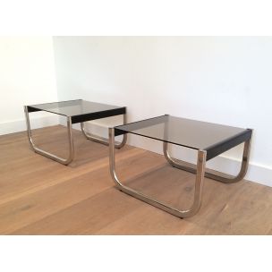 Pair of vintage side tables in chrome, blackened wood and glass, 1970