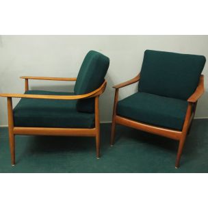 Vintage armchair in green fabric and teakwood 1960s
