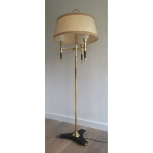 French vintage floor lamp in wood and brass, 1970