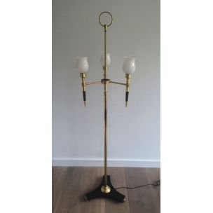 French vintage floor lamp in wood and brass, 1970