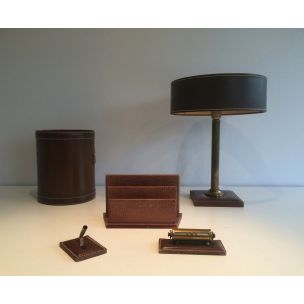 Lampe vintage française et ses accessoires en cuir marron 1970