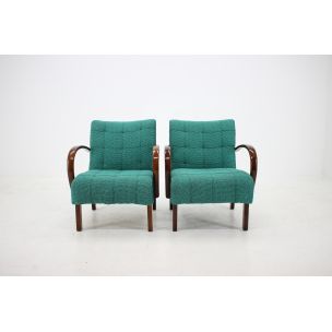 Set of 2 vintage armchairs for Thonet in green fabric and wood 1940