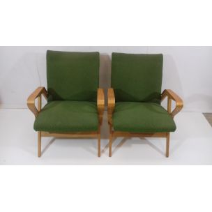 Vintage wood and green fabric living room set by Tatra Pravenec, Czechoslovakia 1960