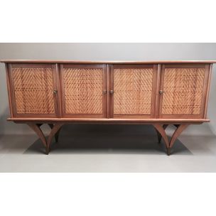 Scandinavian vintage sideboard in teak and rattan 1950