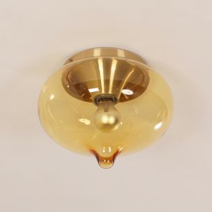 Vintage ceiling lamp Drop in yellow glass by Dijkstra, 1970s