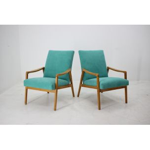 Paire de fauteuils vintage en tissu vert et bois 1960