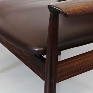 Suite de 4 fauteuils vintage modèle 209 pour France and Son en teck et cuir