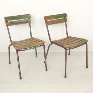 Pair of industrial beech and metal chairs - 1970s