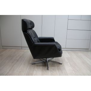 Fauteuil vintage pivotant en cuir noir Eugen Schmidt pour Soloform