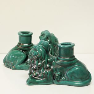 Vintage green ceramic candlelight lions St. Eriks, Uppsala