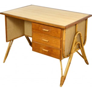 Vintage desk in rattan, wood and formica - 1950s