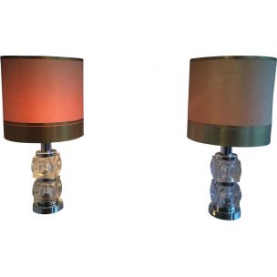 Pair of vintage table lamp in glass and chrome,1960