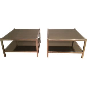 2 tables d'appoint vintage en chrome et miroirs bronze,1970