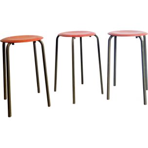 Set of 3 vintage stools in wood and metal 1950