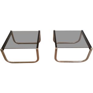 Pair of vintage side tables in chrome, blackened wood and glass, 1970