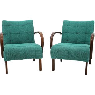 Set of 2 vintage armchairs for Thonet in green fabric and wood 1940
