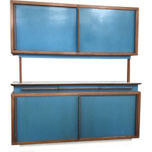 Buffet vintage André Sornay en acajou et formica bleu 1950