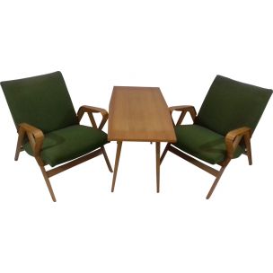 Vintage wood and green fabric living room set by Tatra Pravenec, Czechoslovakia 1960