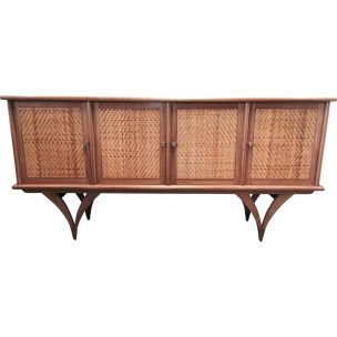 Scandinavian vintage sideboard in teak and rattan 1950