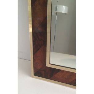 Miroir vintage français en bois et laiton, 1960