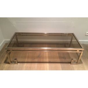 French vintage coffee table in silver steel and glass, 1970