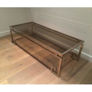 French vintage coffee table in silver steel and glass, 1970