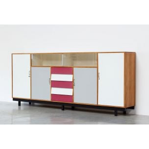 Vintage sideboard in beechwood and red formica, 1950-1960