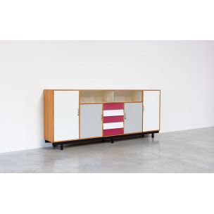 Vintage sideboard in beechwood and red formica, 1950-1960