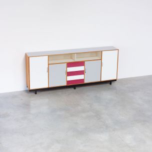 Vintage sideboard in beechwood and red formica, 1950-1960