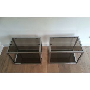 Pair of vintage french coffee tables in smoked glass 1970