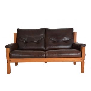 vintage S 22 sofa by Pierre Chapo in brown leather and elm 1960