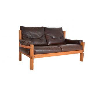 vintage S 22 sofa by Pierre Chapo in brown leather and elm 1960