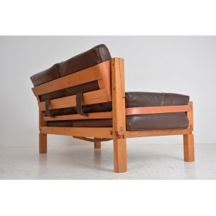 vintage S 22 sofa by Pierre Chapo in brown leather and elm 1960