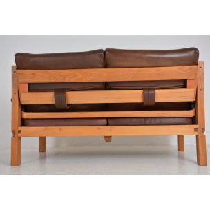 vintage S 22 sofa by Pierre Chapo in brown leather and elm 1960