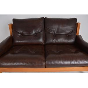 vintage S 22 sofa by Pierre Chapo in brown leather and elm 1960