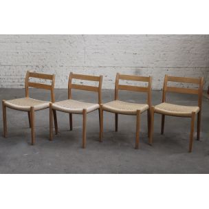 Set of 4 vintage Scandinavian chairs model 84 for Moller in wood and rope